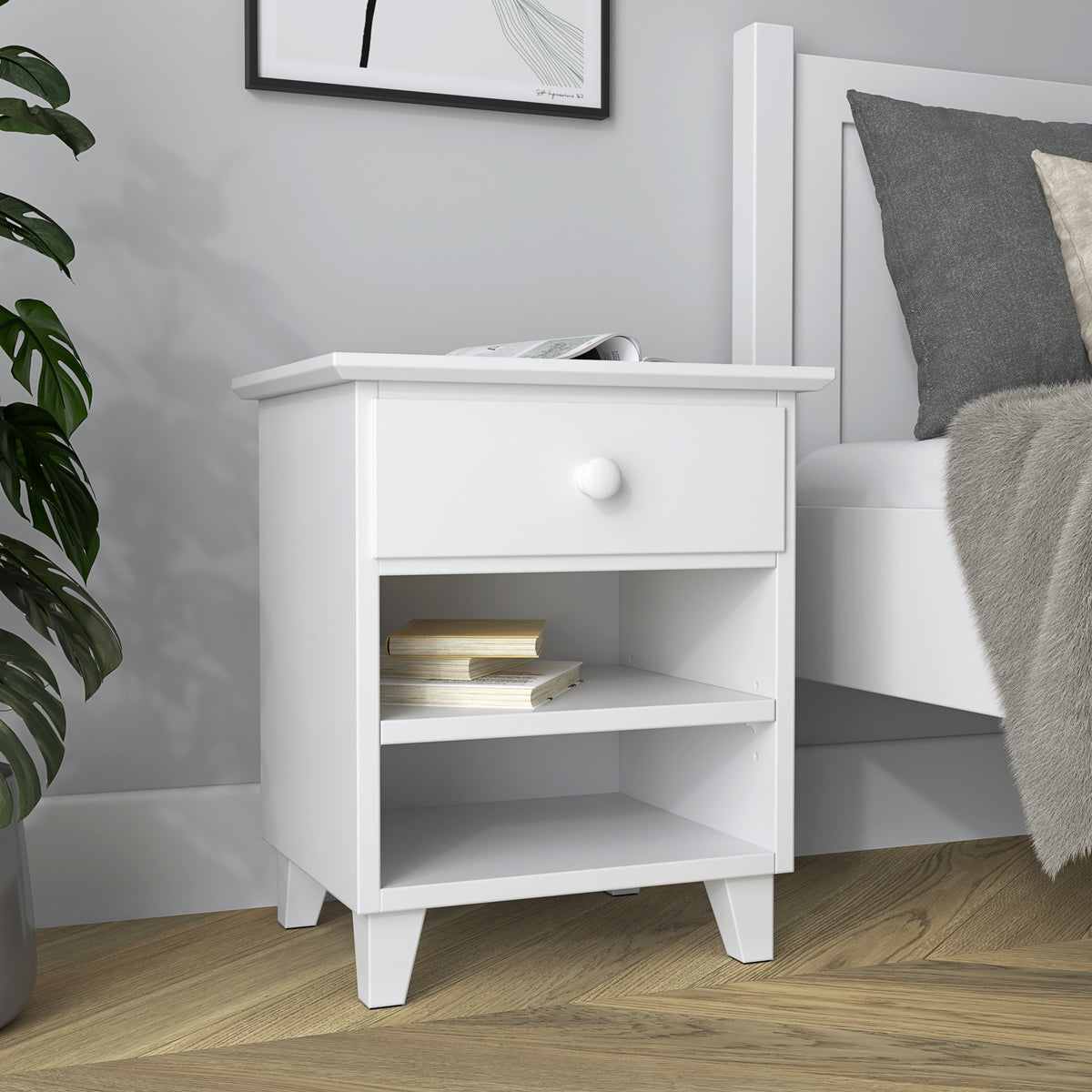Comodino N02 bianco – in legno, vista frontealny, Nizio Home