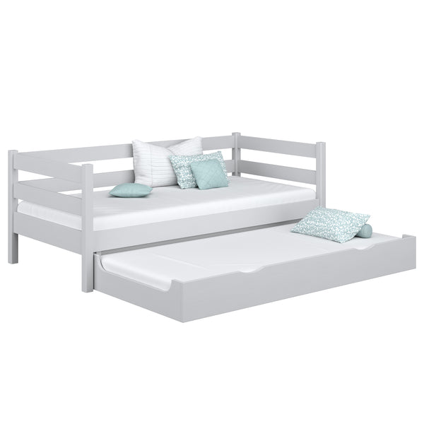 Drewniane łóżko sofa z szufladą na materac N01 popielaty – widok ogólny, lite drewno sosnowe
