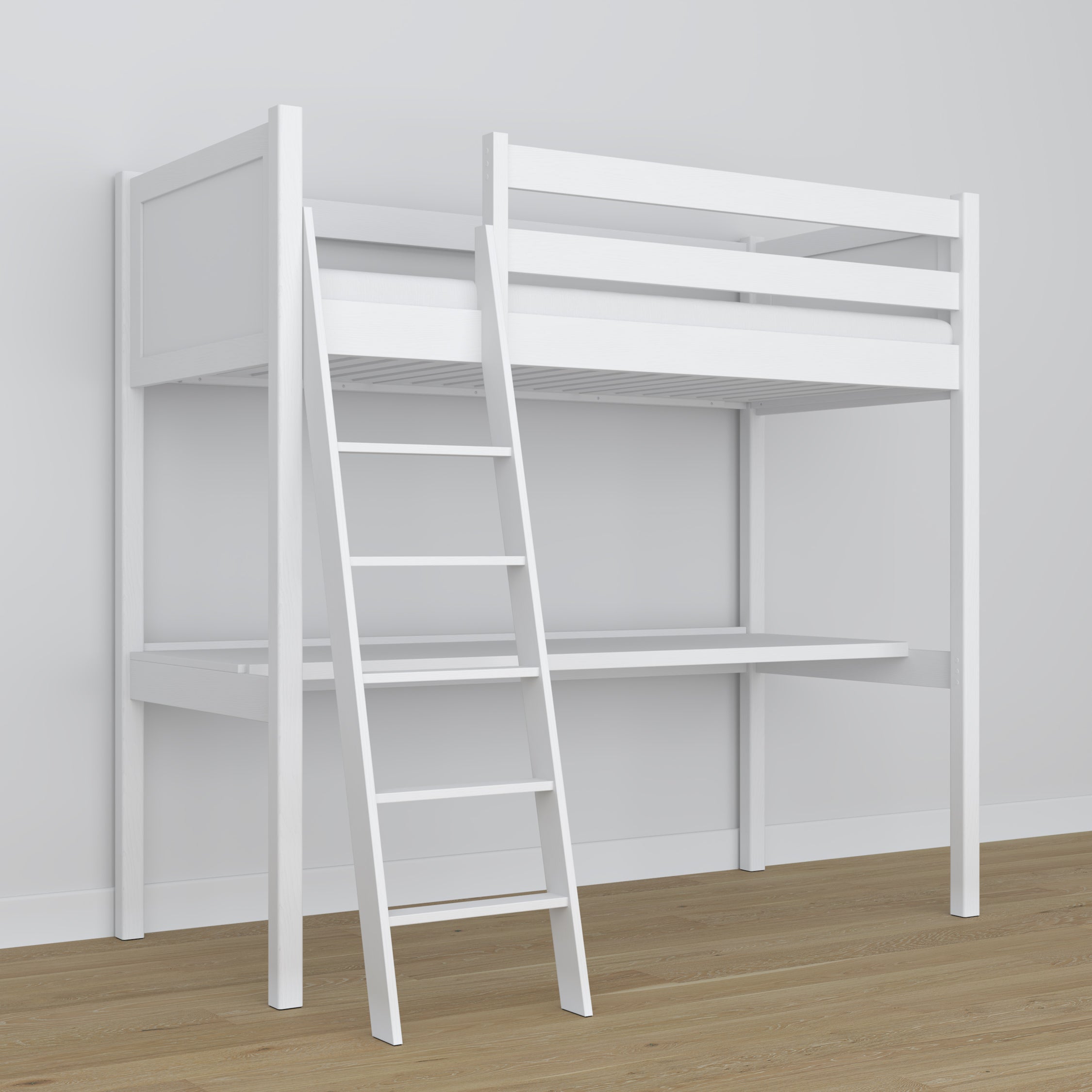 Letto a soppalco con scrivania in legno bianco – dettaglio giunzioni e scala