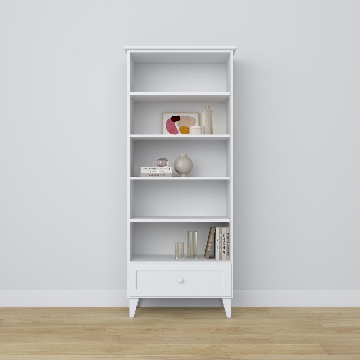 Regal mit Schublade Holz weiß 80 cm – Wohnzimmer und Arbeitszimmer, skandinavischer Stil