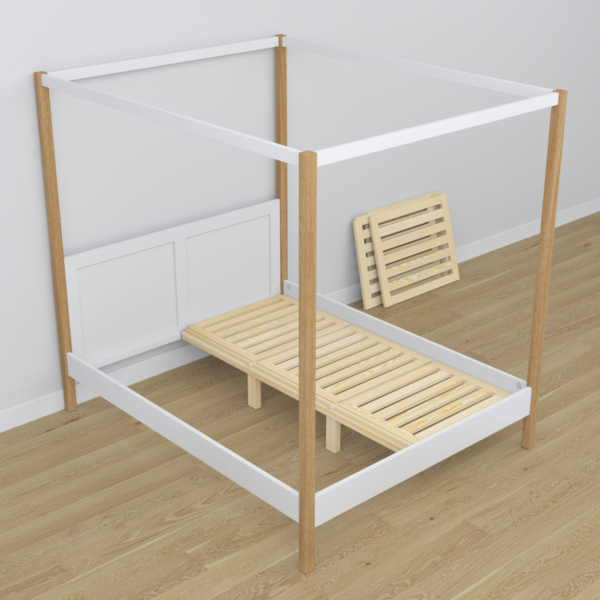 Letto con baldacchino bianco-quercia in legno – vista laterale, stile scandi