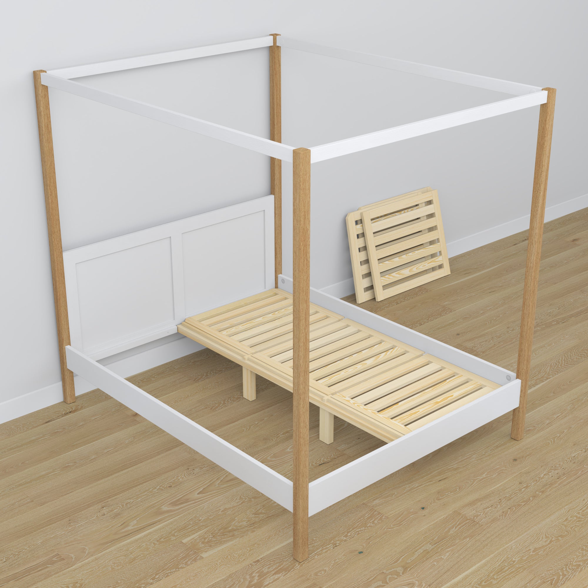 Letto con baldacchino bianco-quercia in legno – vista laterale, stile scandi