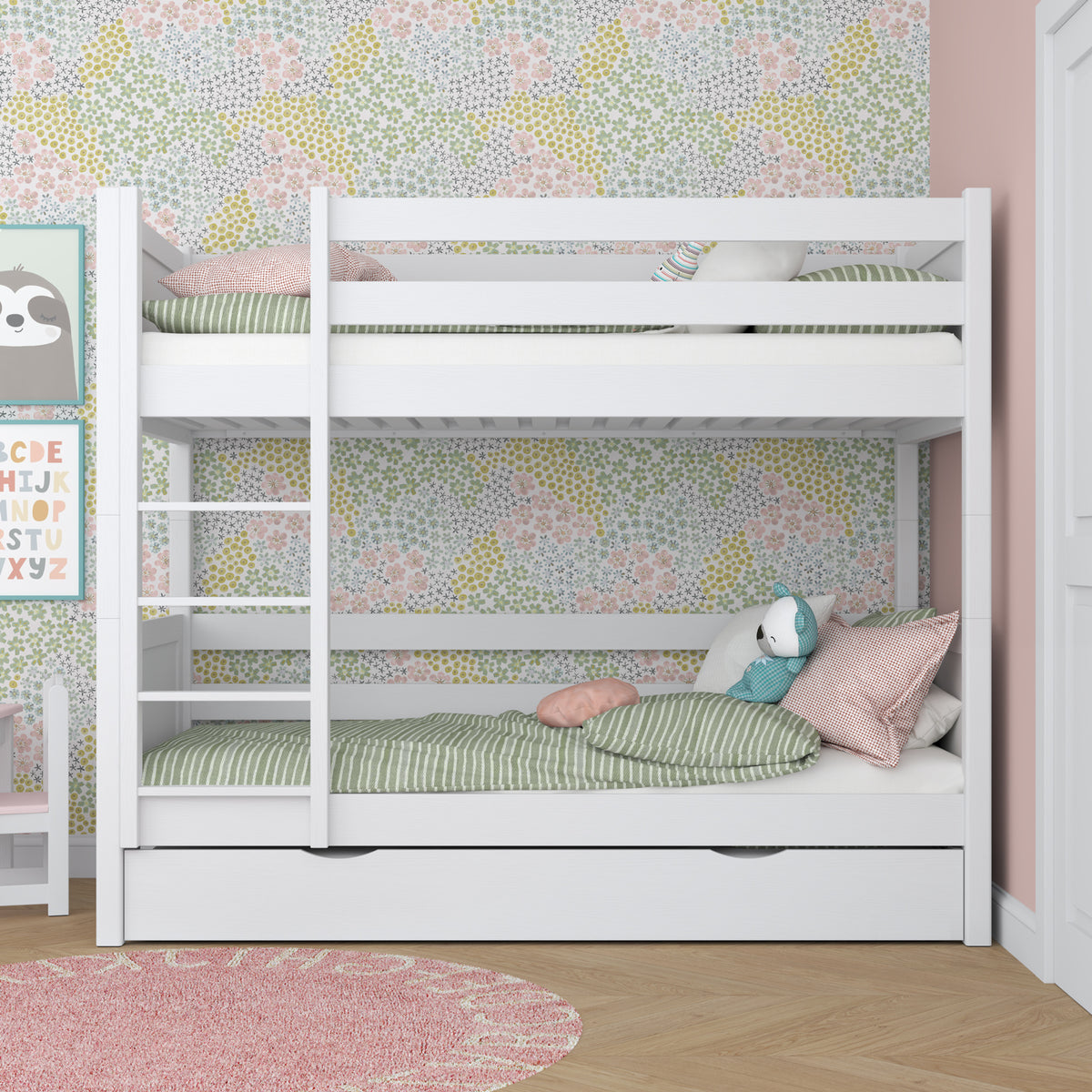 Letto a castello bianco con cassetto – sponda e scala in legno, Nizio