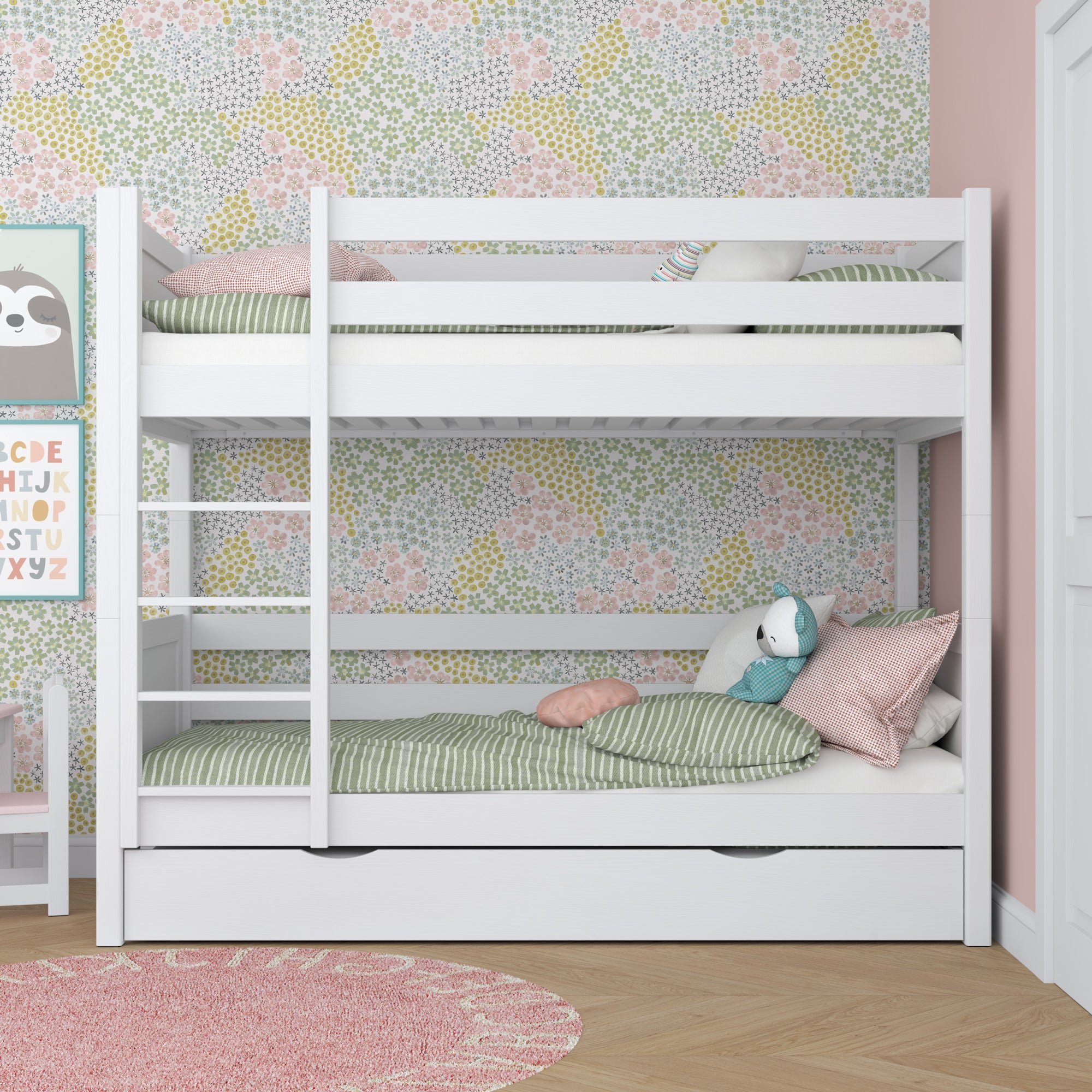 Letto a castello bianco con cassetto – sponda e scala in legno, Nizio