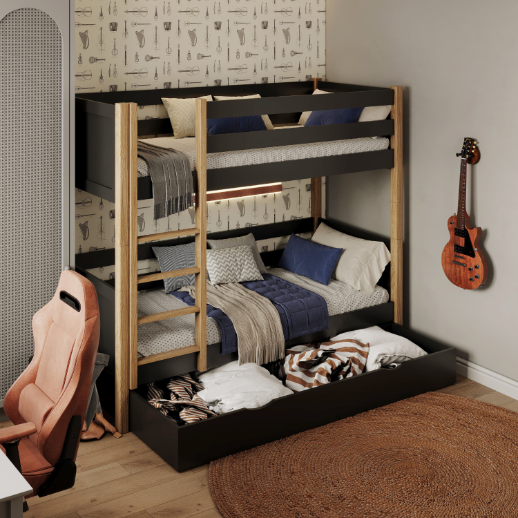 Letto a castello con cassetto in legno nero-quercia – stanza per bambini, legno massello, scandi