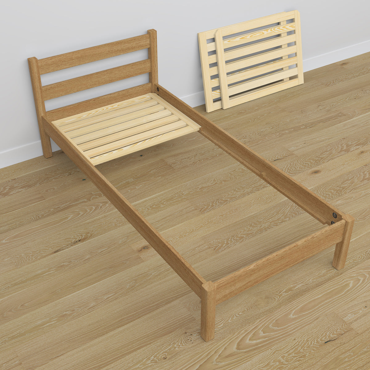 Letto singolo in rovere naturale – vista diagonale, stanza per bambini scandi