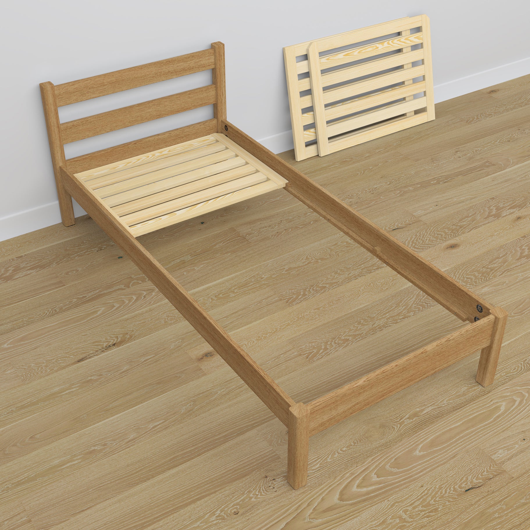 Letto singolo in rovere naturale – vista diagonale, stanza per bambini scandi