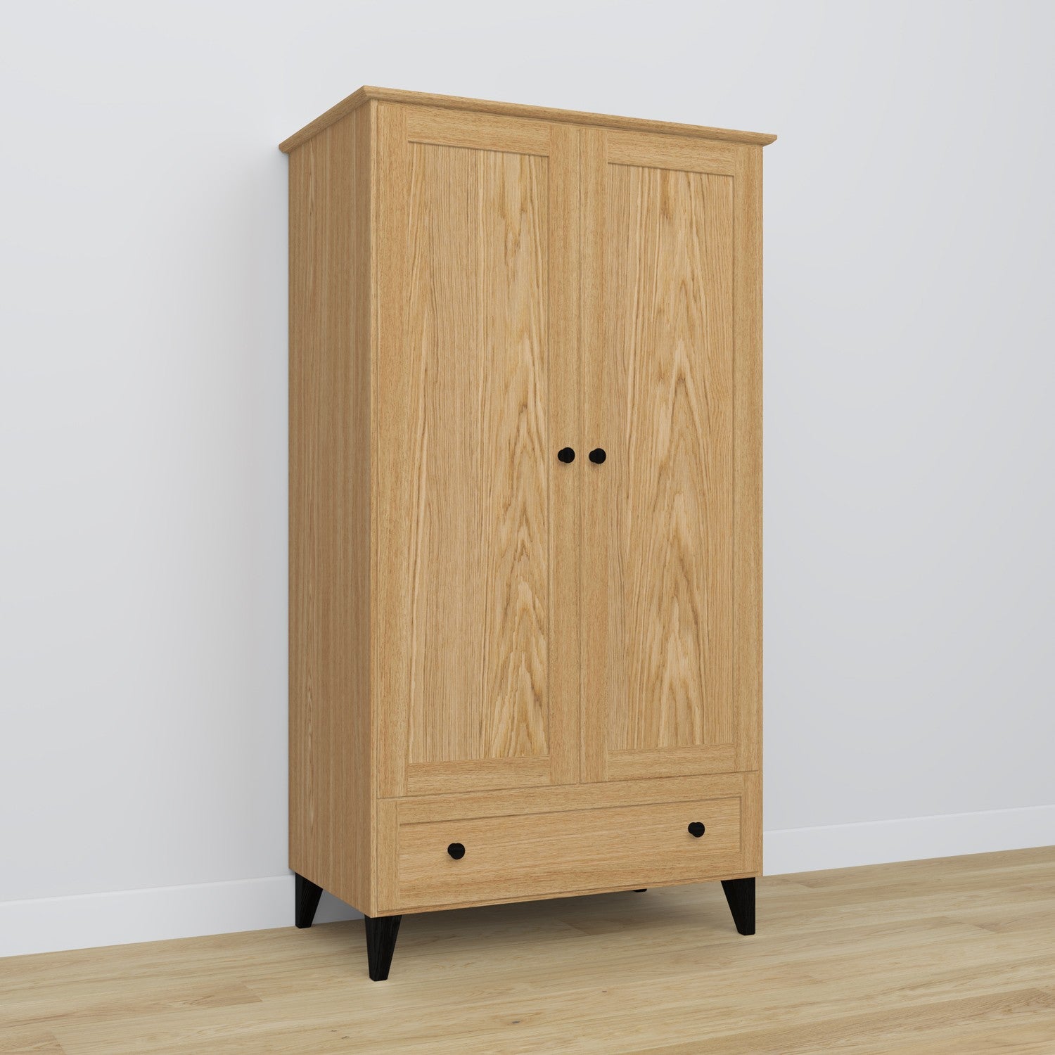 Armadio 2D1S in rovere naturale con nero – porte aperte, asta e ripiani interne