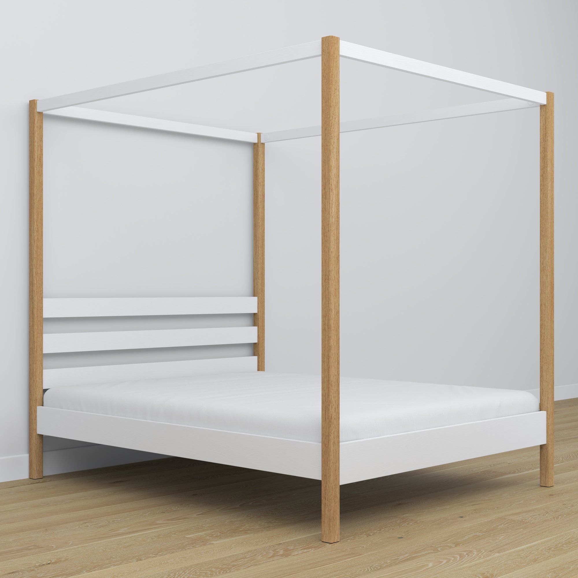 Doppelbett Weiß-Eiche mit Baldachin – Dekorationsrahmen aus Holz, scandi