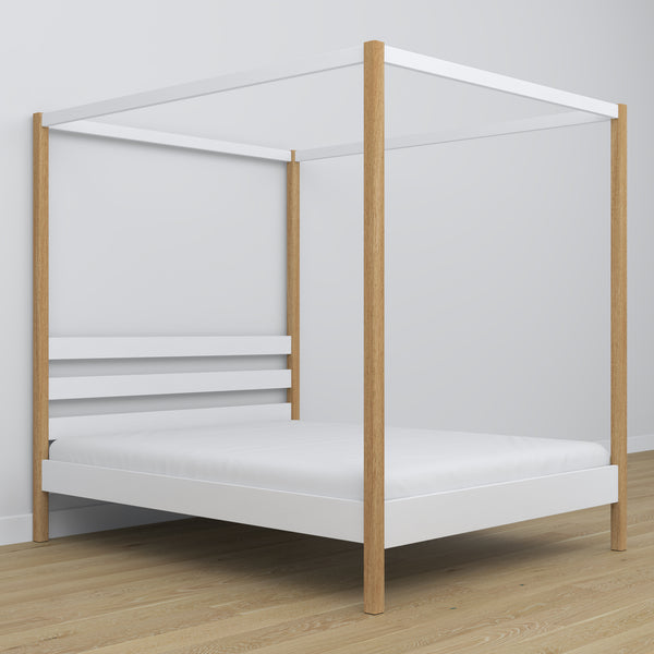 Double bed white and oak with canopy – decorative wooden frame, scandi