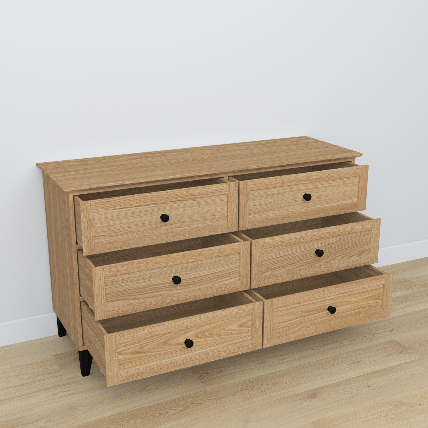 Cassettiera 6S in rovere naturale con nero – cassetti aperto, capiente ambiente vani