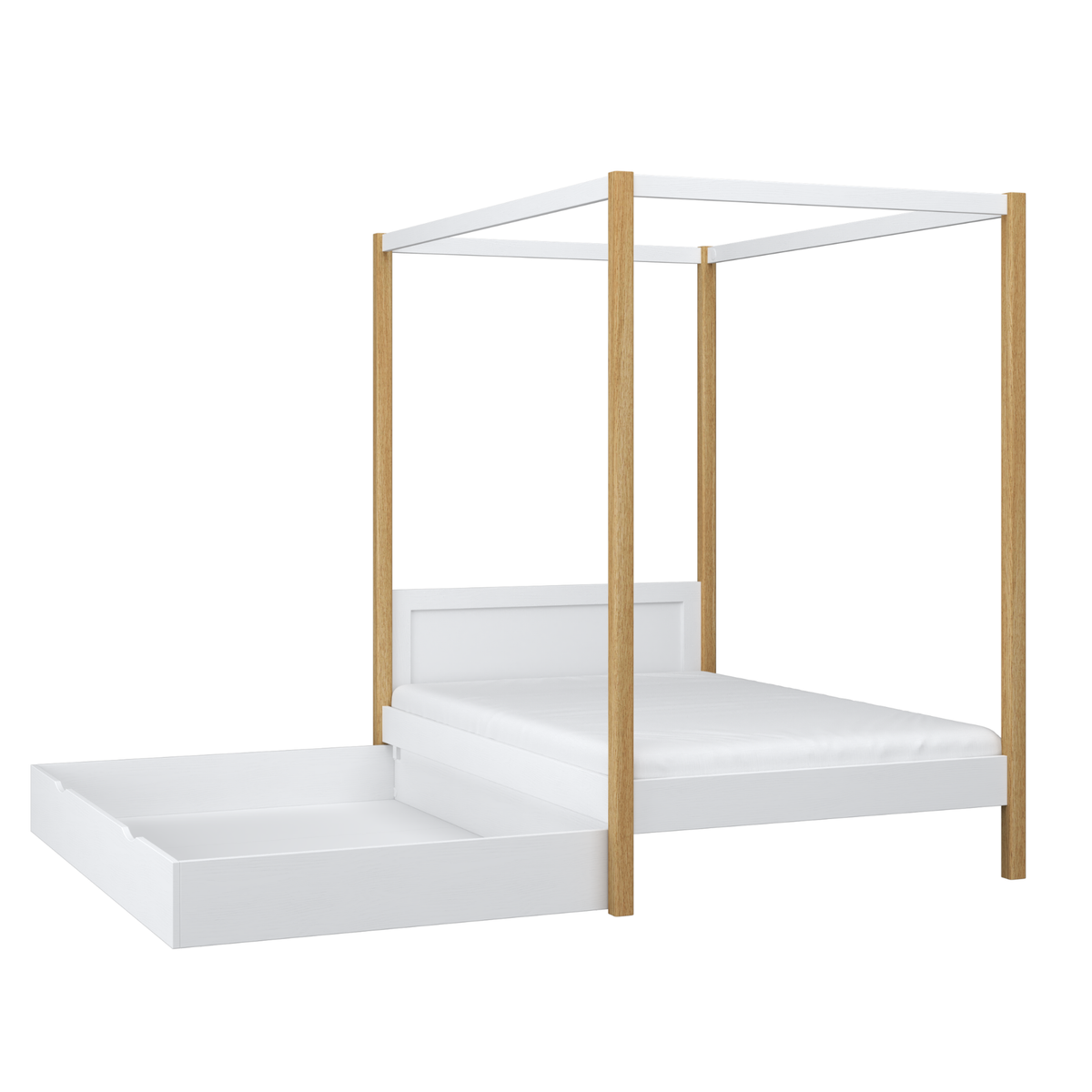 Bett Weiß-Eiche mit Baldachin und Schublade – Seitenansicht, aus Holz