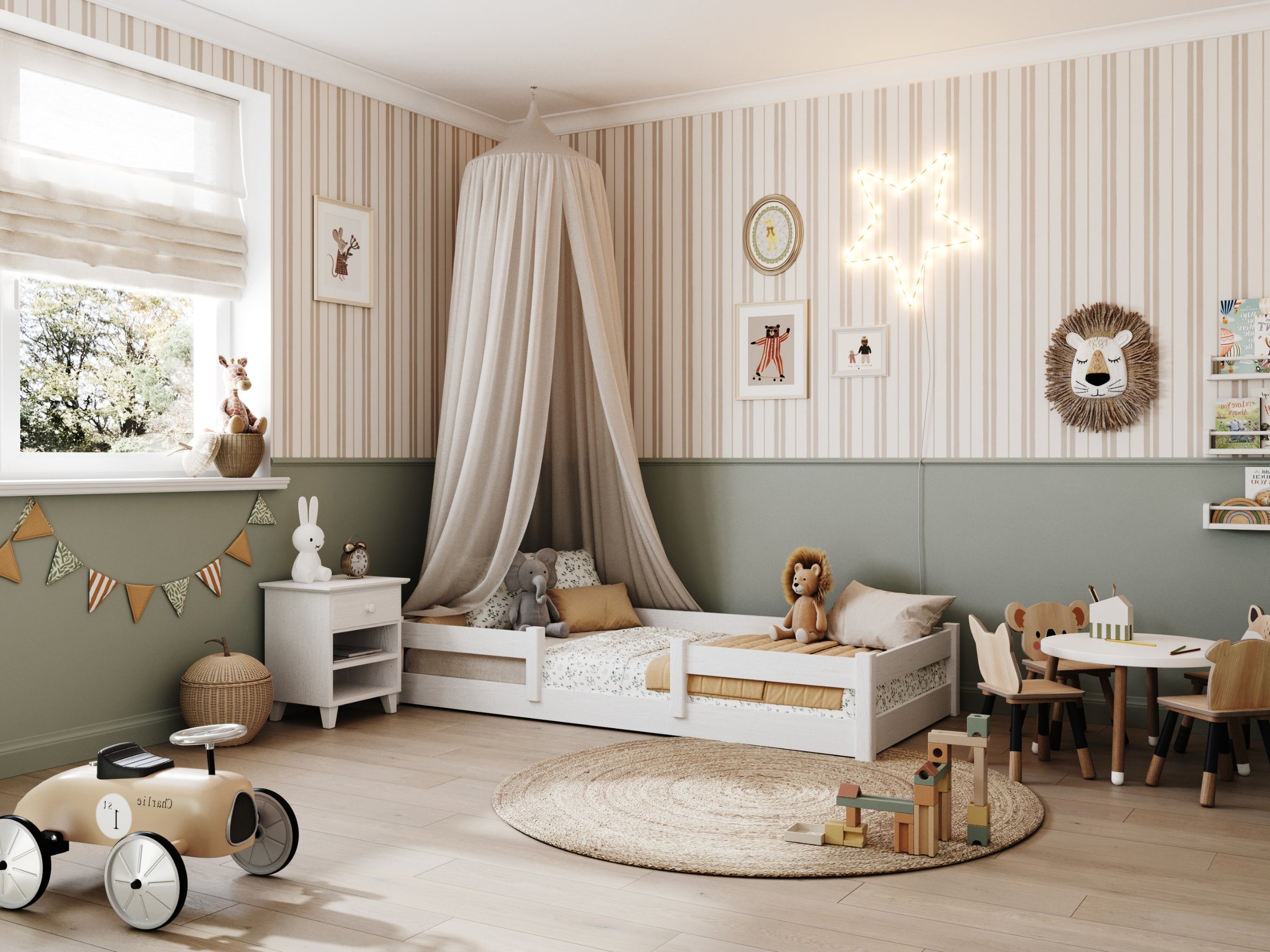 Lit bas blanc w chambre – décoration scandinave, en bois