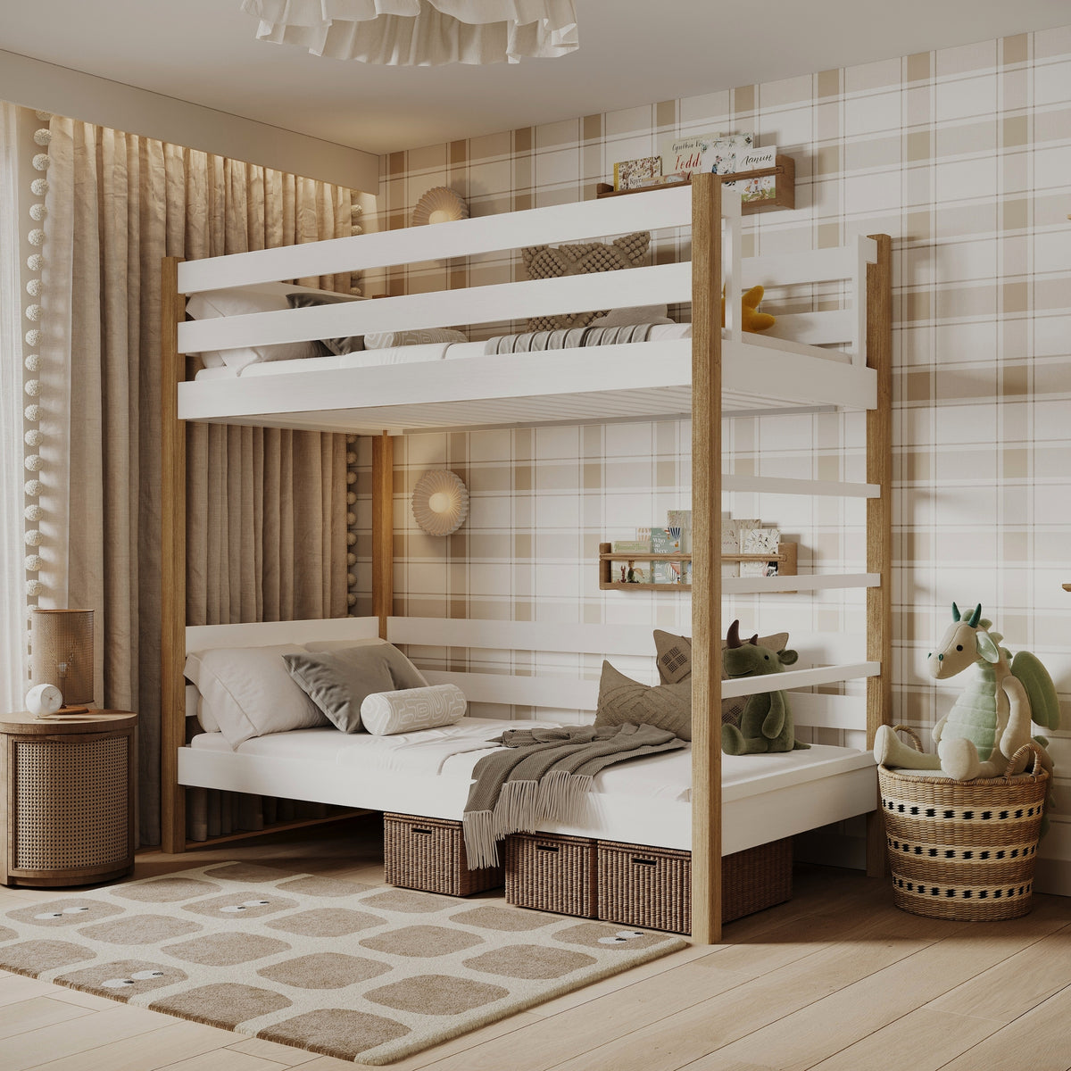 Etagenbett Weiß-Eiche – Holzleiter und Schutzgitter, Nizio Home
