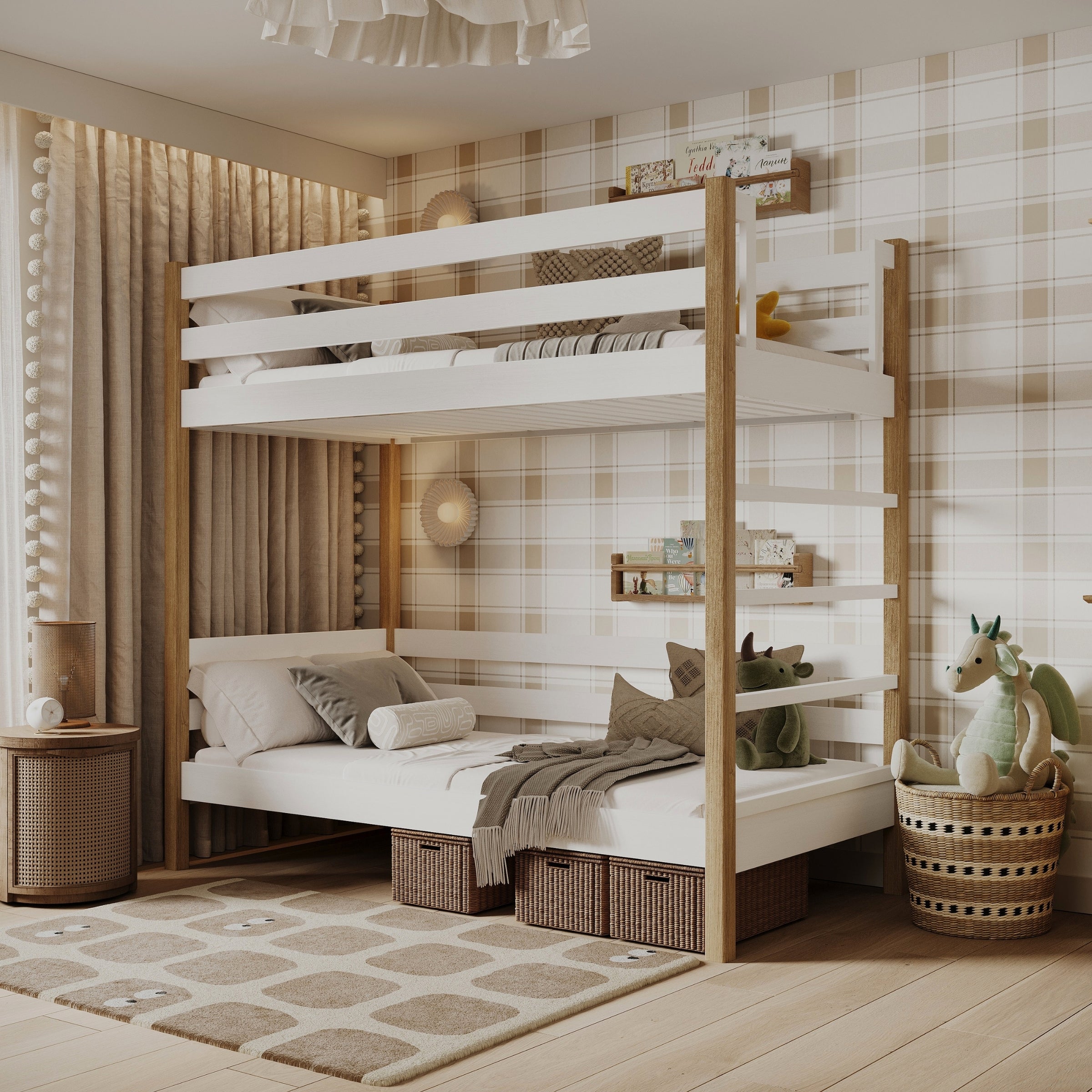 Etagenbett Weiß-Eiche – Holzleiter und Schutzgitter, Nizio Home