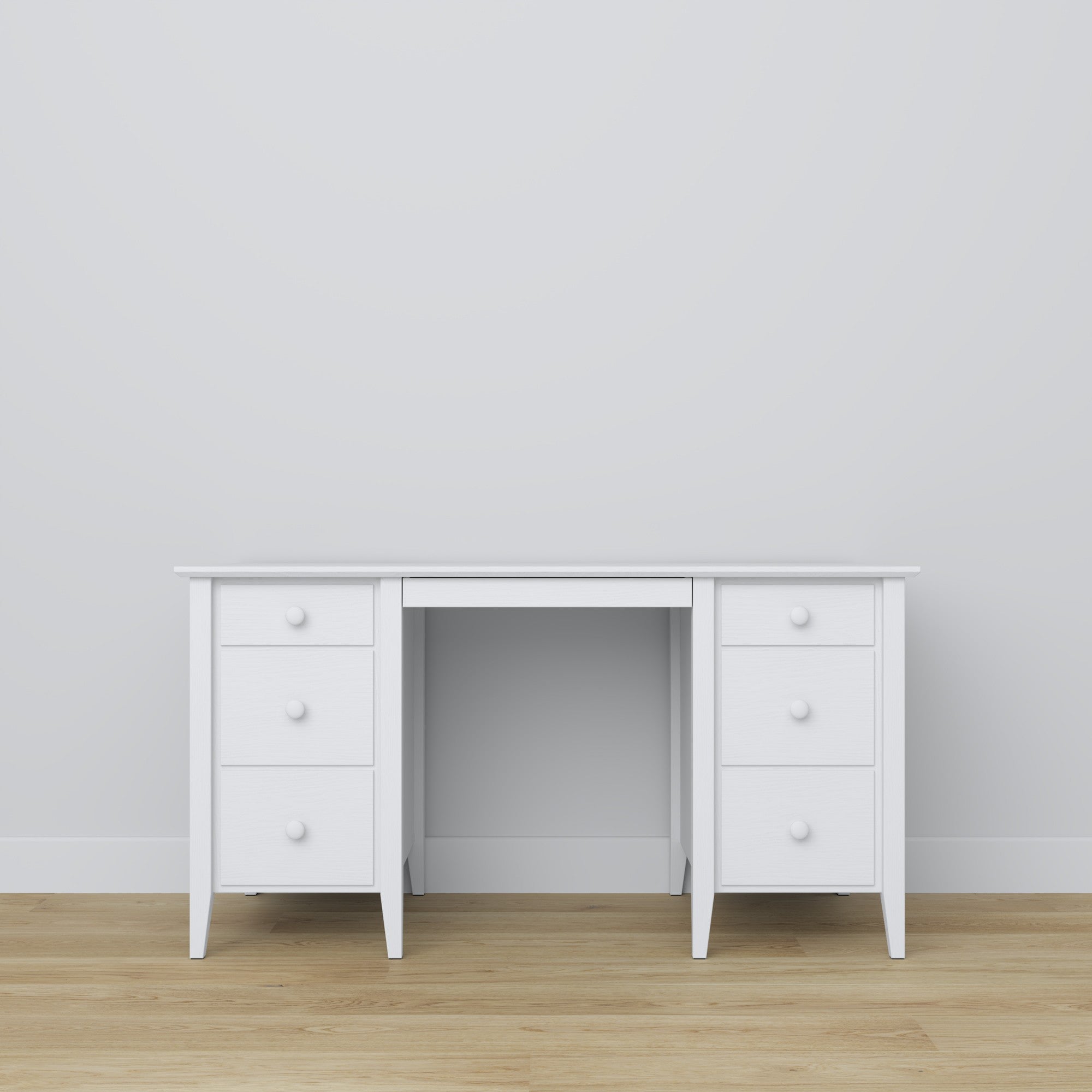 Scrivania 6S in legno bianco – cassetti aperto, vani per documenti