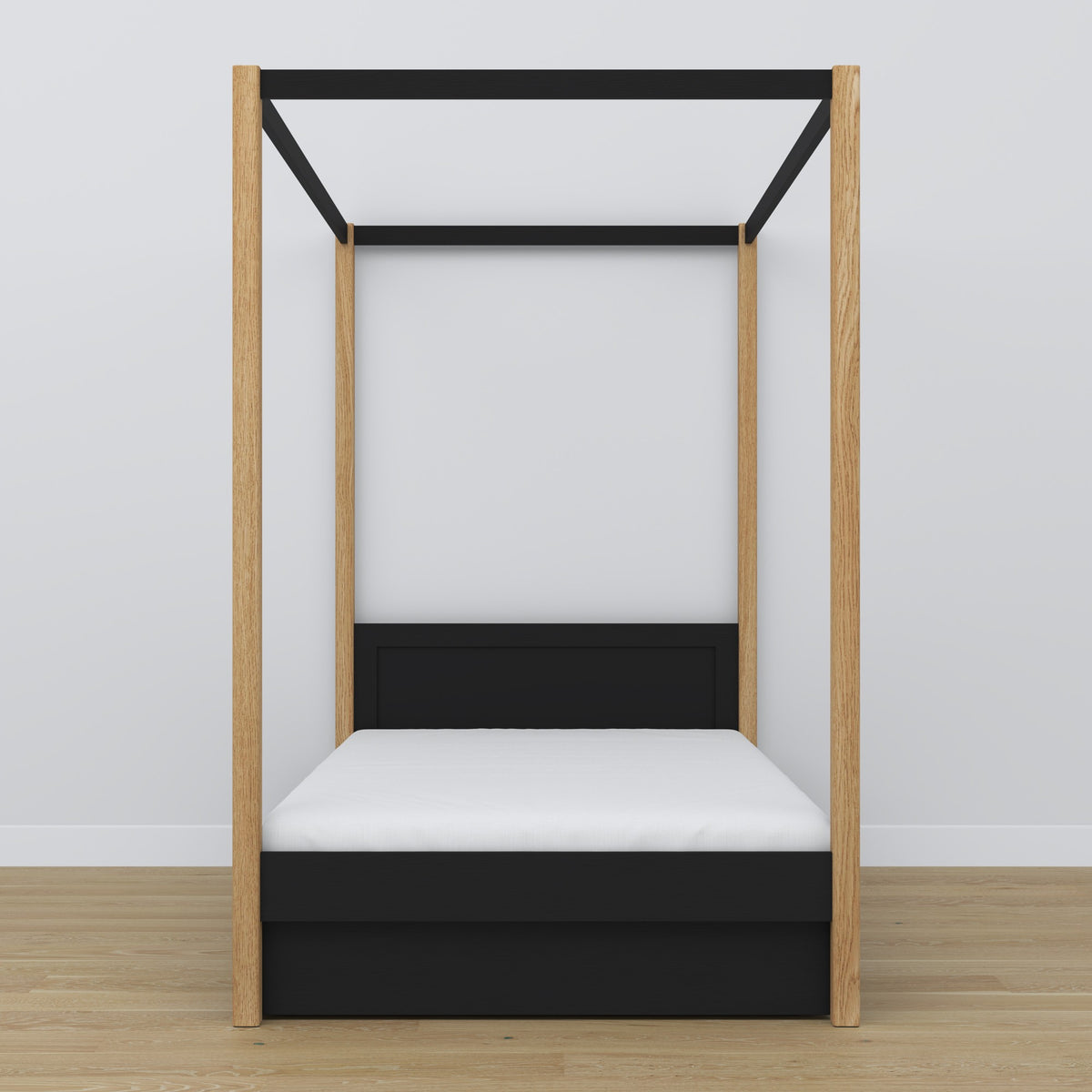 Bett schwarz-eiche mit Baldachin – Schublade offen, aus Holz, Nizio Home