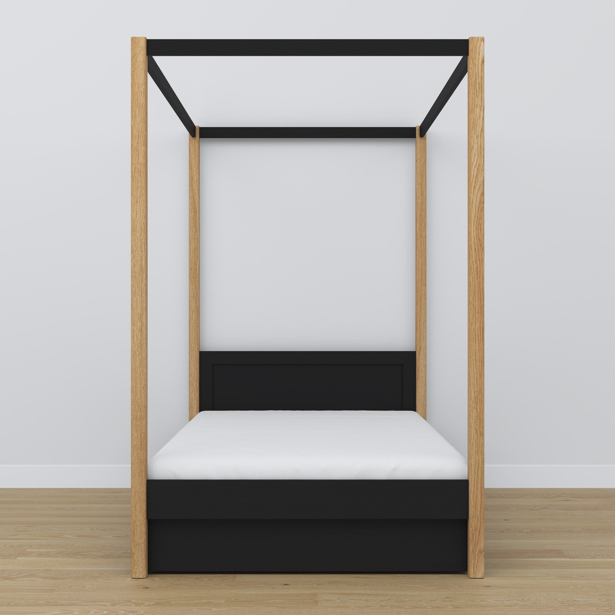 Bett schwarz-eiche mit Baldachin – Schublade offen, aus Holz, Nizio Home