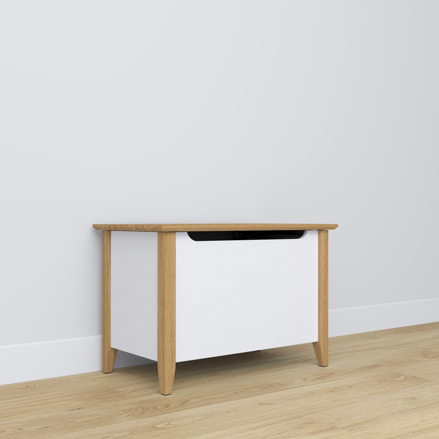 Baule bianco con quercia – in legno, coperchio chiuso, vista frontealny, Nizio