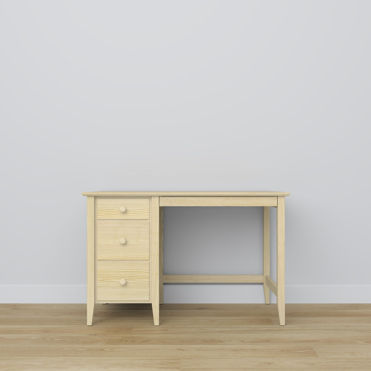 Desk 3S clear pine – tabletop and drawers, close-up of pine finish, Nizio