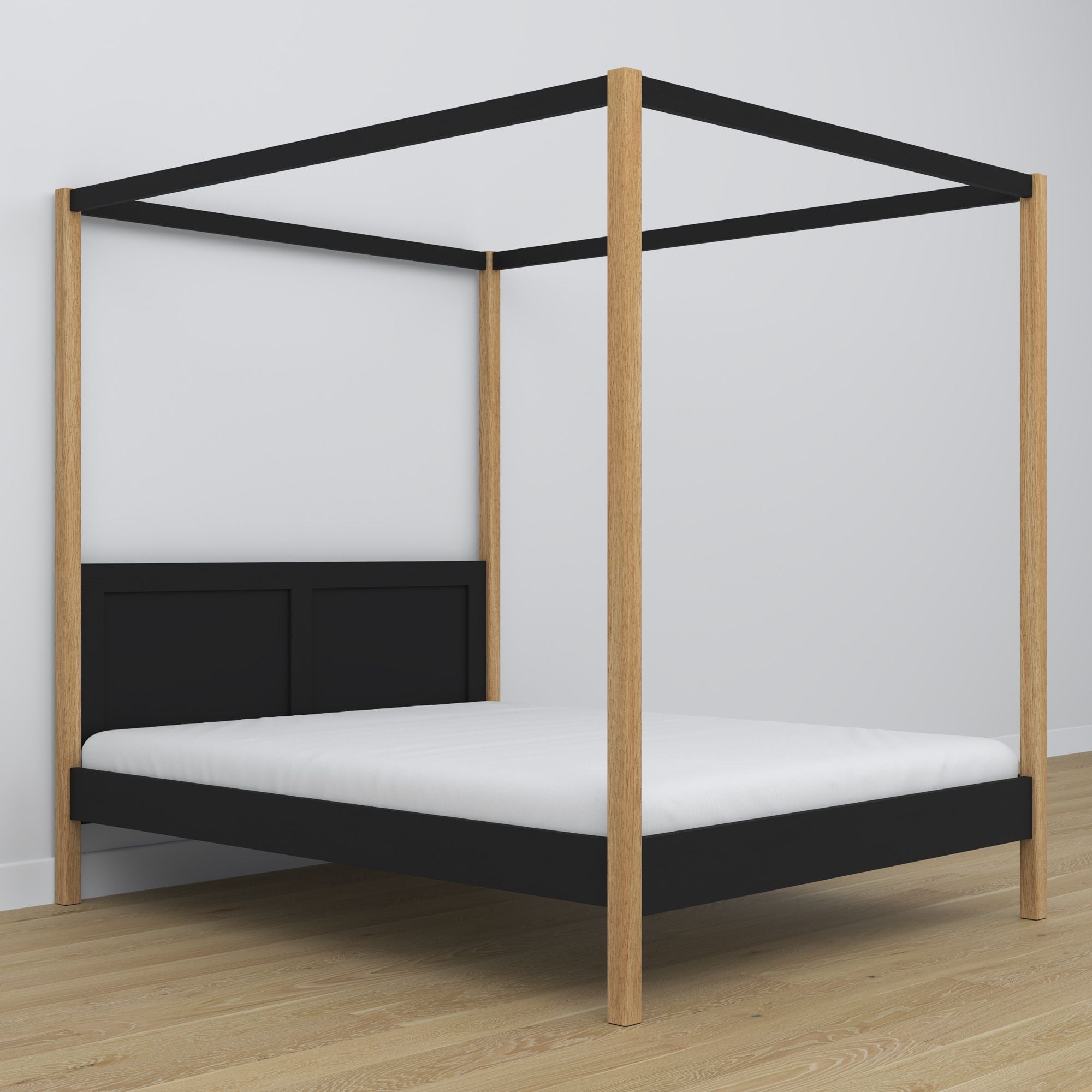 Letto con baldacchino in legno nero-quercia – dimensioni e schema, Nizio Home
