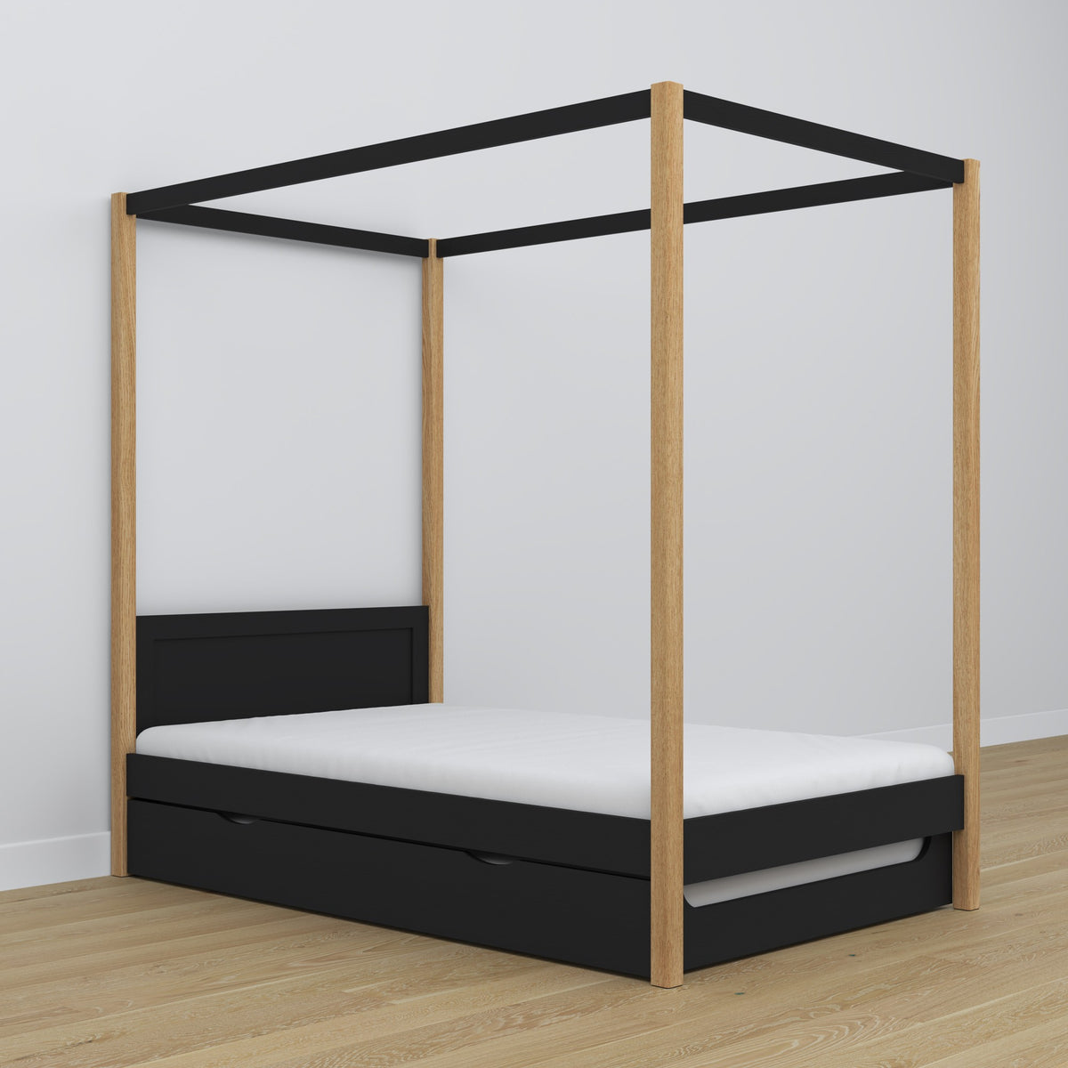 Lit noir-chêne avec baldaquin – tiroir na dodatkowy matelas, en bois