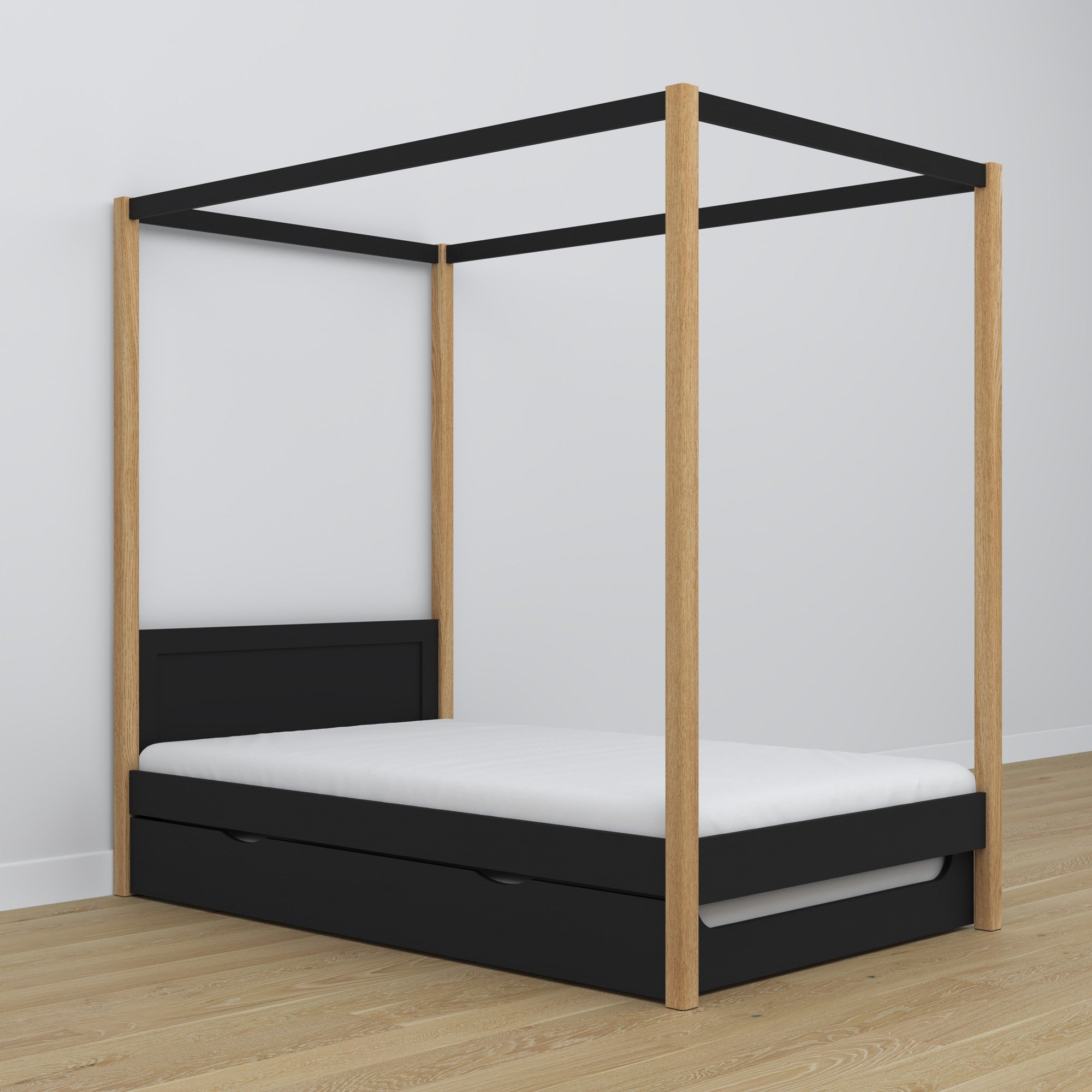 Lit noir-chêne avec baldaquin – tiroir na dodatkowy matelas, en bois