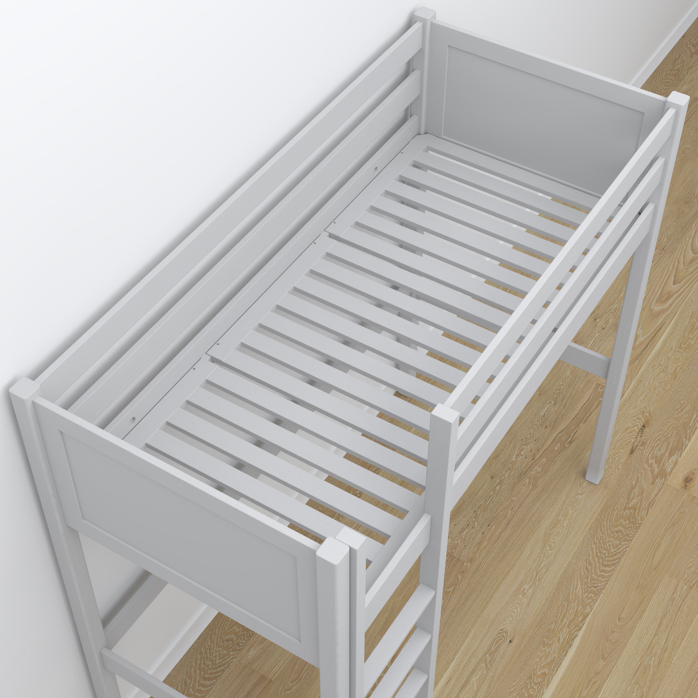 Loft bed grey in children’s room – scandi arrangement, wooden