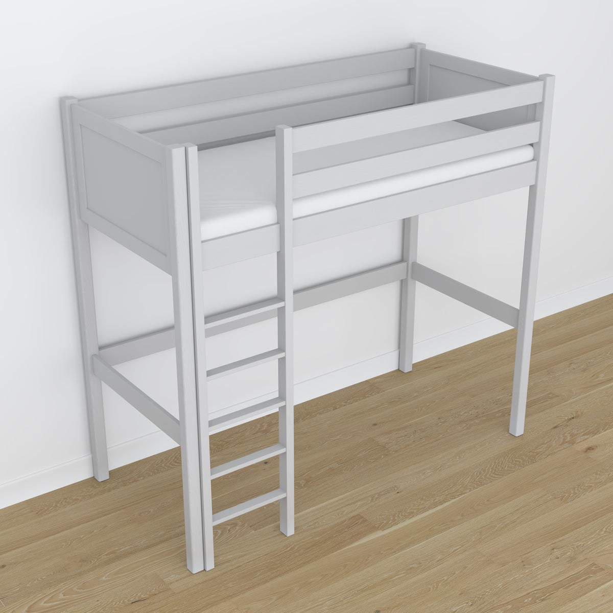 Loft bed grey wooden – top view of the sleeping area