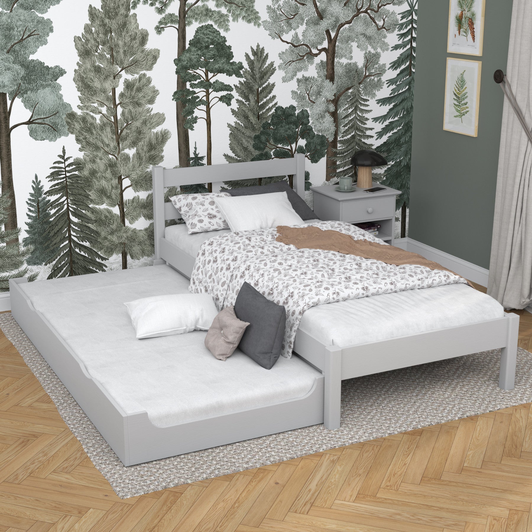 Letto con cassetto per materasso in legno grigio – cassetto estratto, ospite