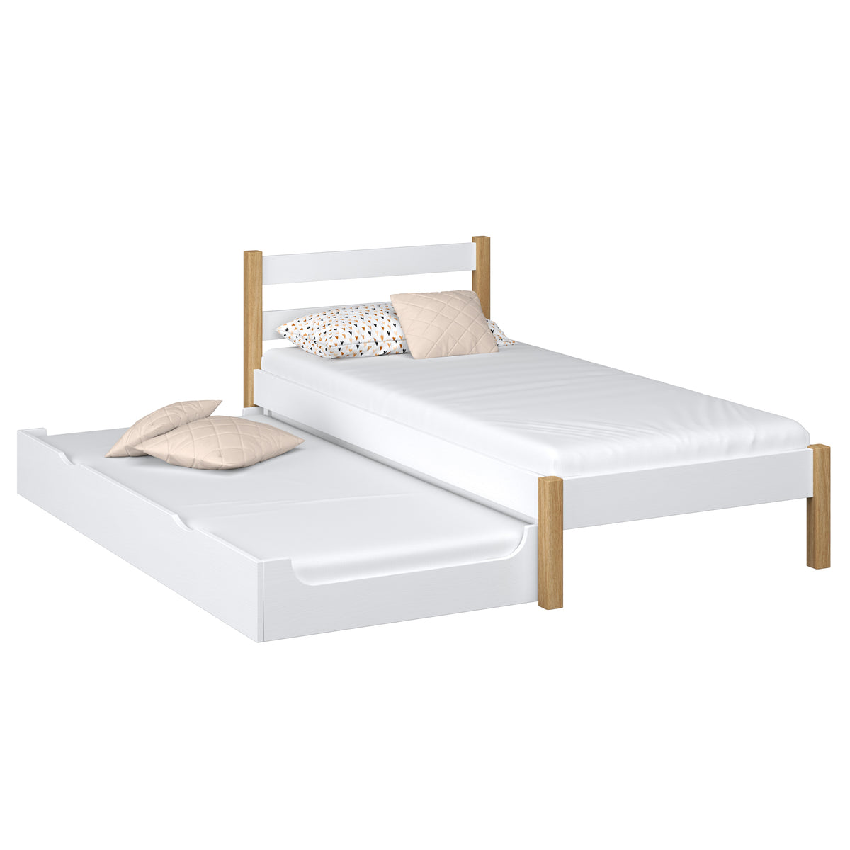 Letto con cassetto per materasso in legno bianco-quercia – stanza per bambini, scandi Nizio