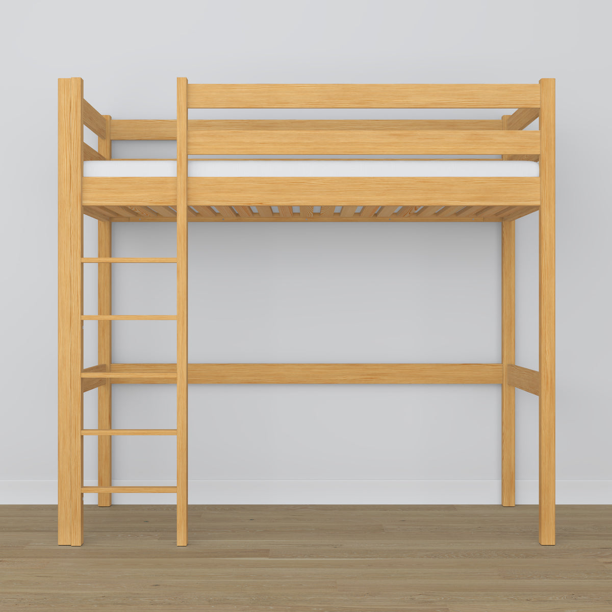 Letto a soppalco pino naturale – scala e sponda in legno, Nizio Home