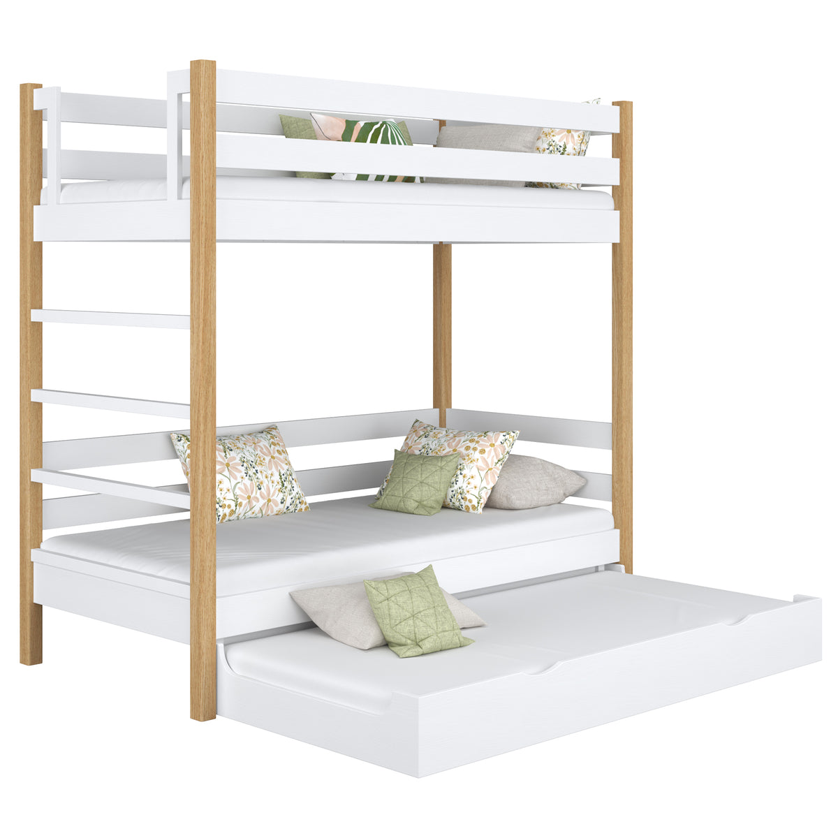 Letto a castello in legno bianco-quercia – scala, sponde, cassetto per materasso aggiuntivo