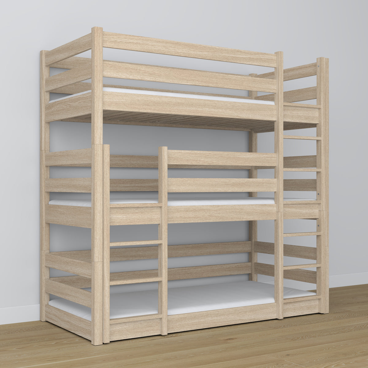 Lit superposé 3 niveaux en bois chêne blanchi – utilisation maximale de l'espace