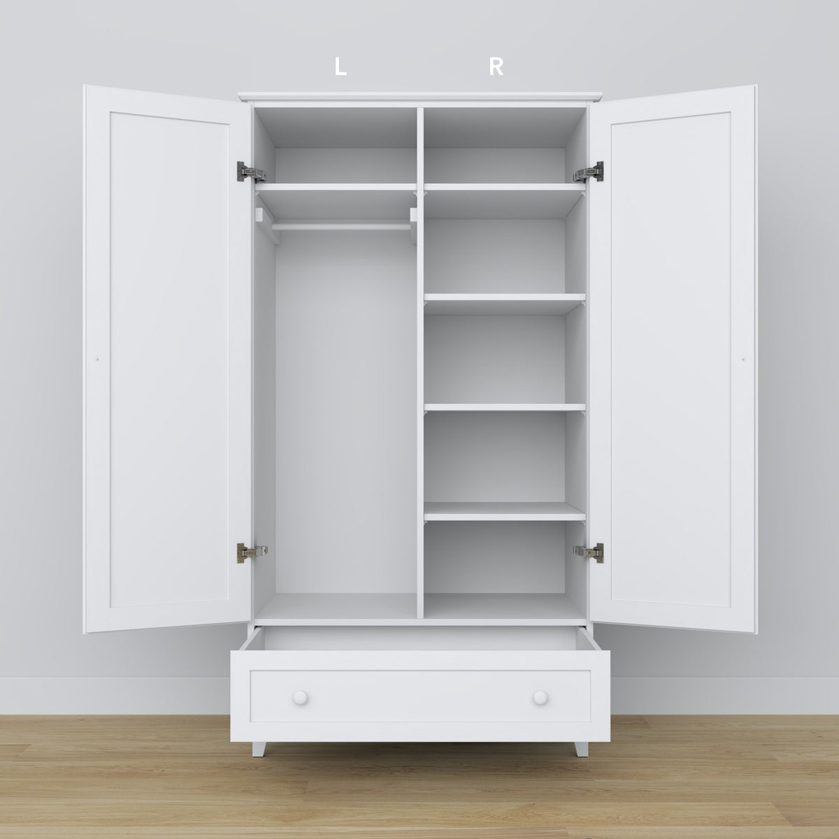 Armadio 2D1S bianco – cassetto aperto, capiente vano, in legno