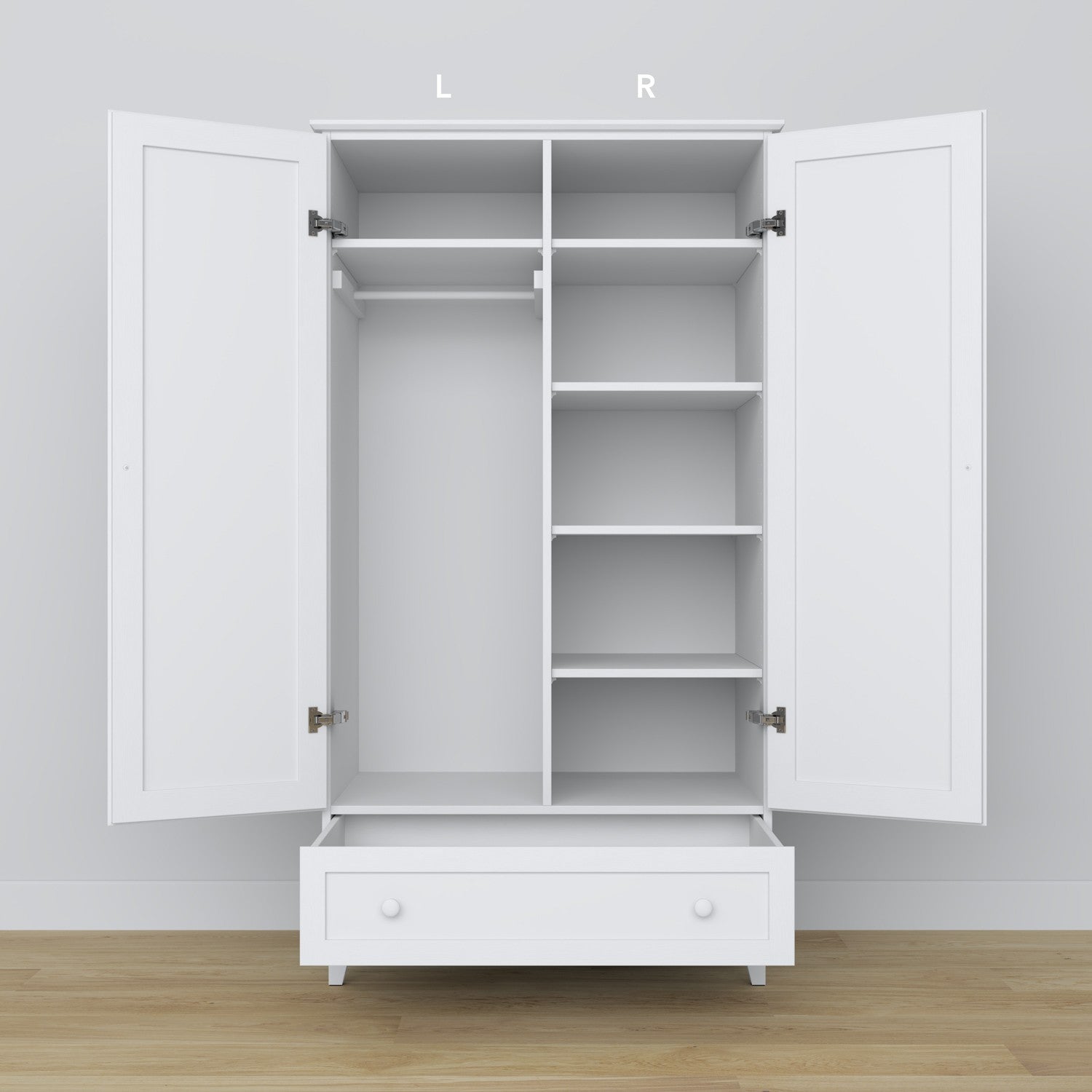 Armadio 2D1S bianco – cassetto aperto, capiente vano, in legno