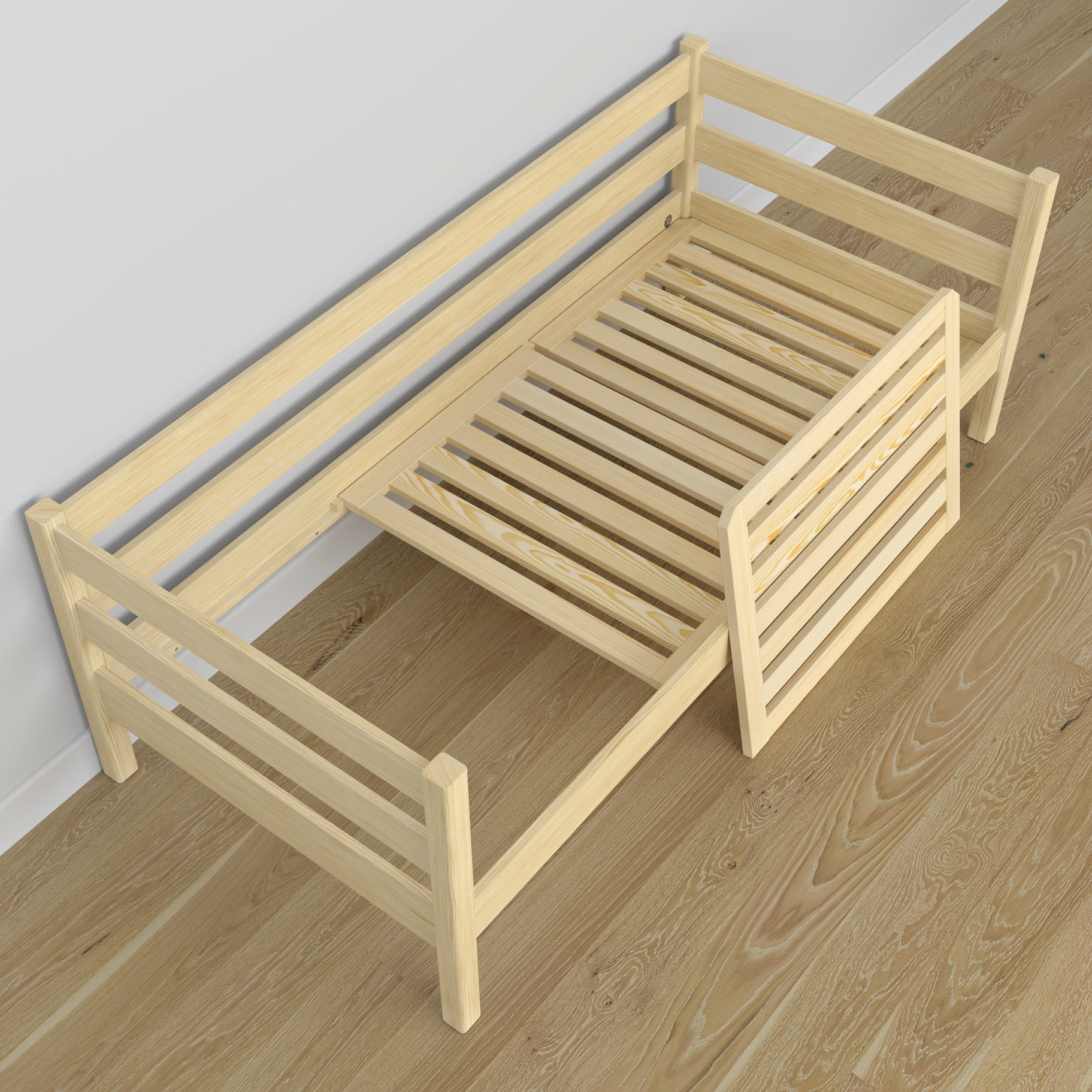 Holz-Sofabett Kiefer farblos – Ansicht vom Kopfende, Kinderzimmer