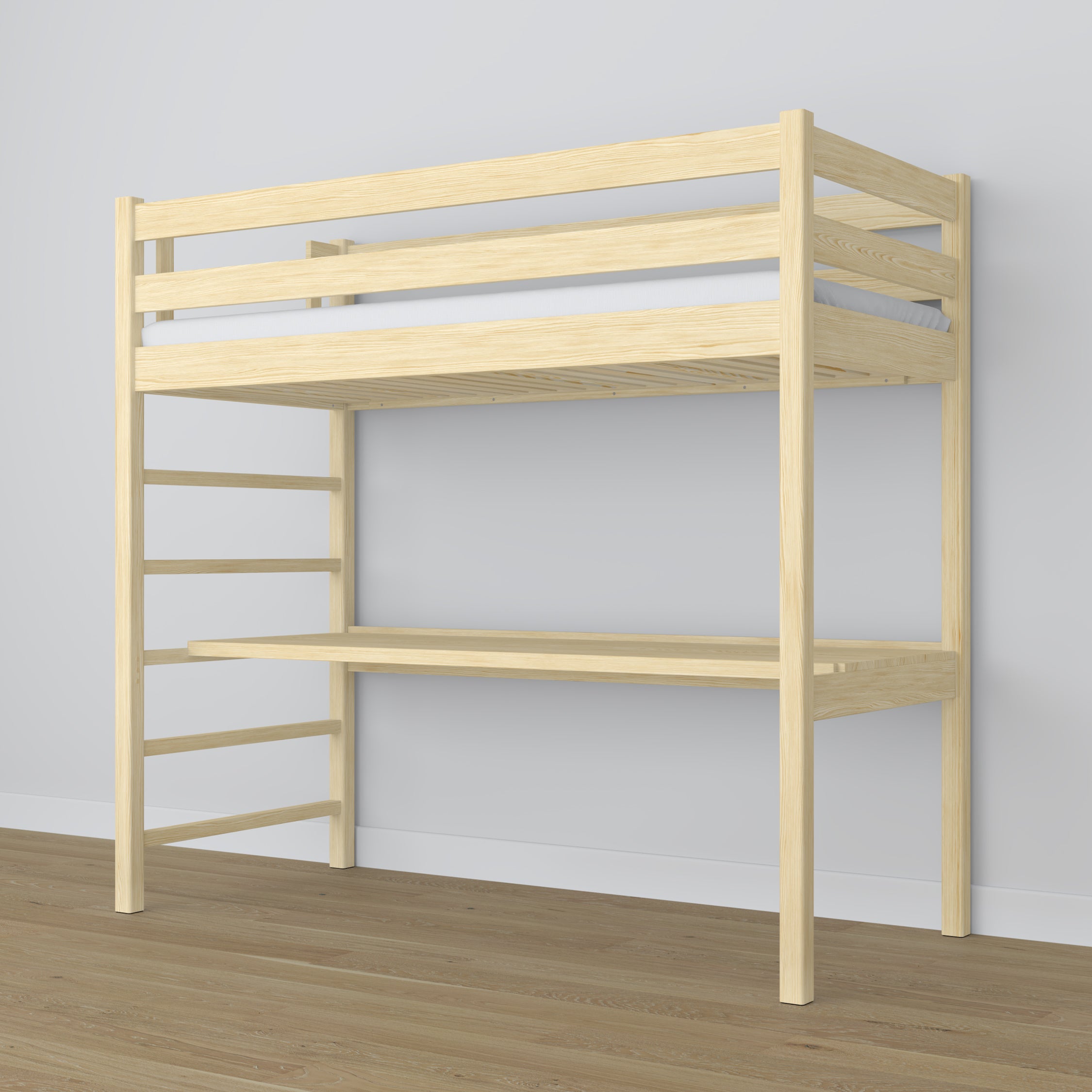 Lit mezzanine en bois pin incolore avec bureau – sommier i lattes, Nizio