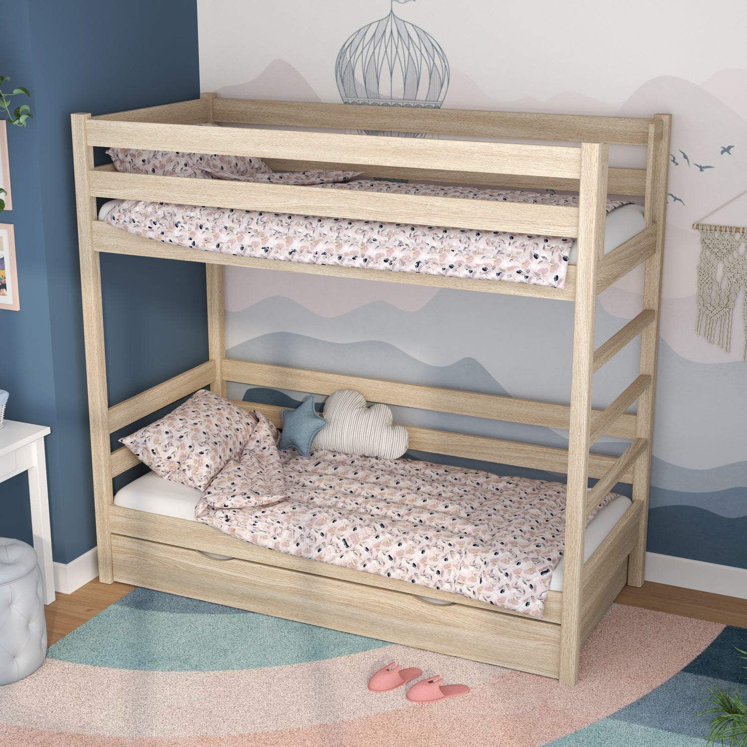Letto a castello quercia sbiancata per bambini – cassetto per materasso, in quercia, Nizio