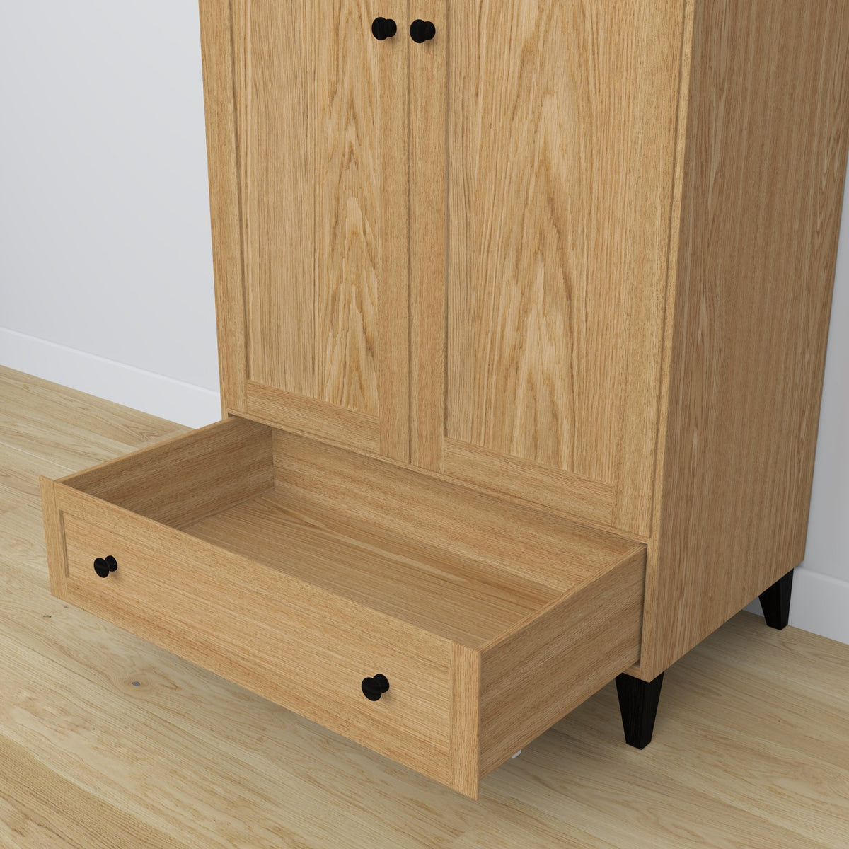 Armadio 2D1S in rovere naturale con nero – vista laterale, profondità e proporzioni del mobile