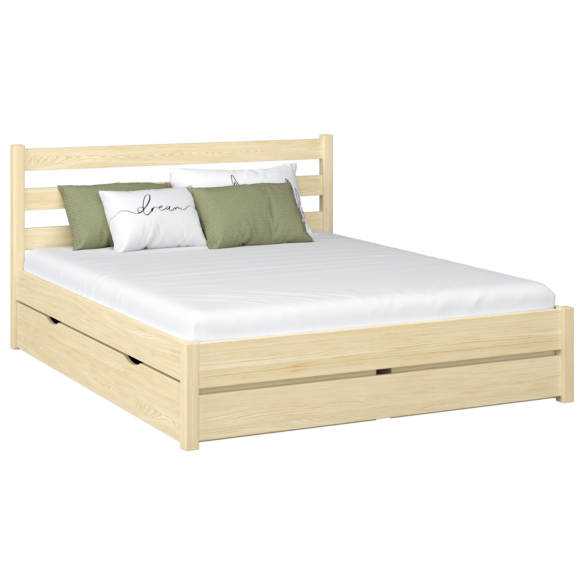 In legno letto matrimoniale con cassetto N01 pino trasparente – vista generale, legno massello in pino