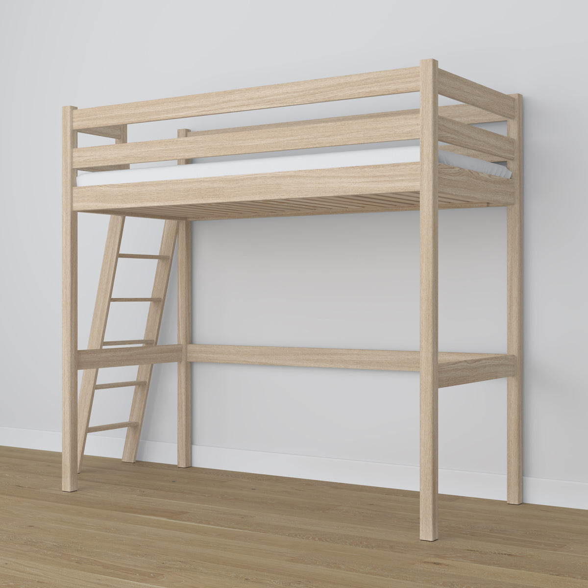 Lit mezzanine en chêne chêne blanchi – espace libre sous la chambre, Nizio