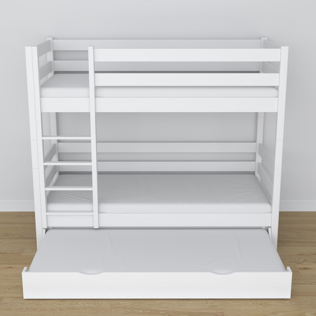Letto a castello bianco – struttura in legno con doghe, cassetto per materasso