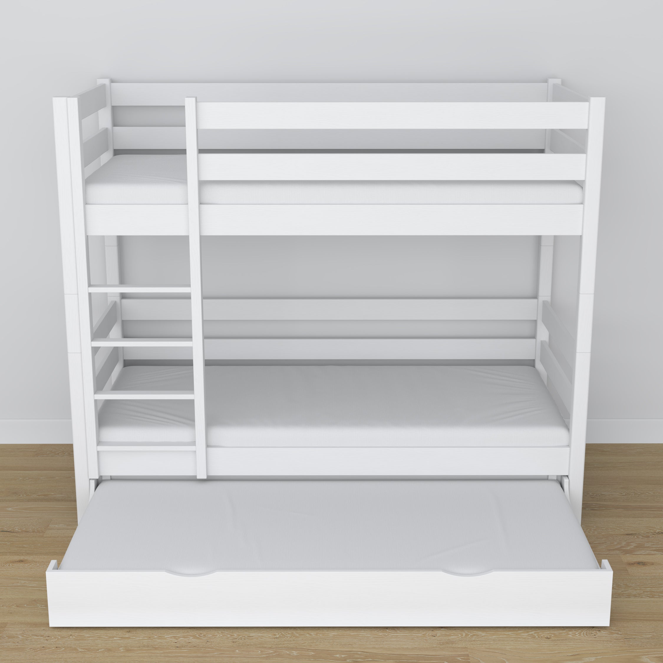 Letto a castello bianco – struttura in legno con doghe, cassetto per materasso