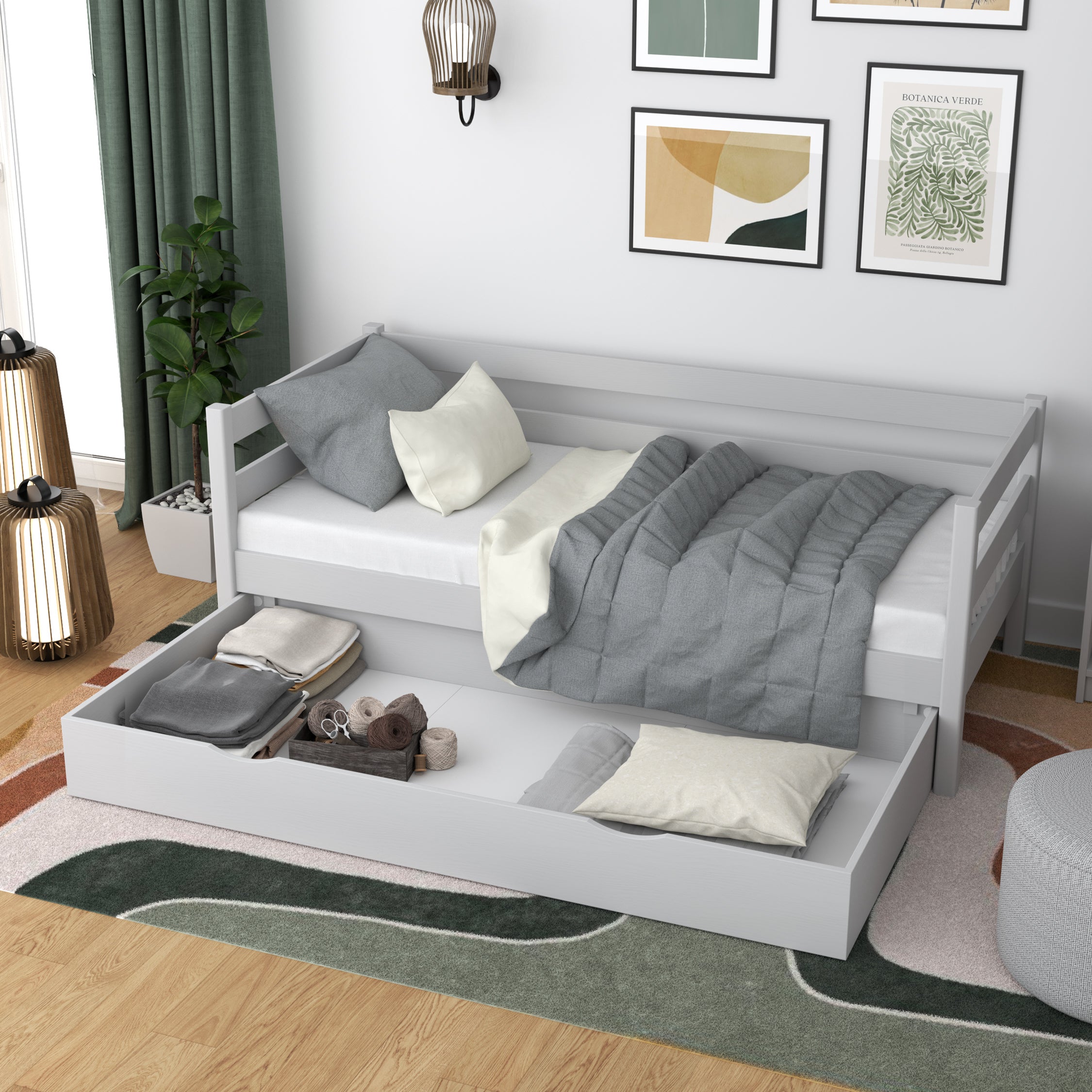 Sofa bed wooden grey – open drawer, bedding storage