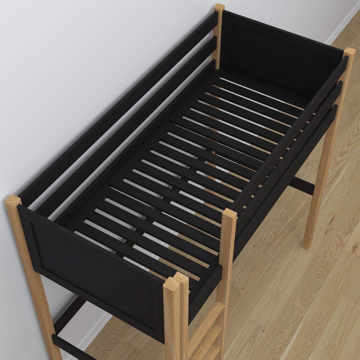 Hochbett aus Holz schwarz-eiche – Details der Verbindungen und Leiter, Nizio Home