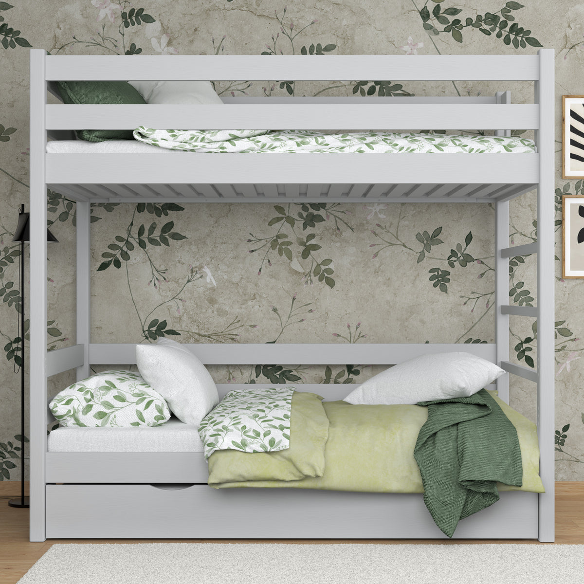 Lit superposé en bois gris – échelle, barrières, tiroir na dodatkowy matelas