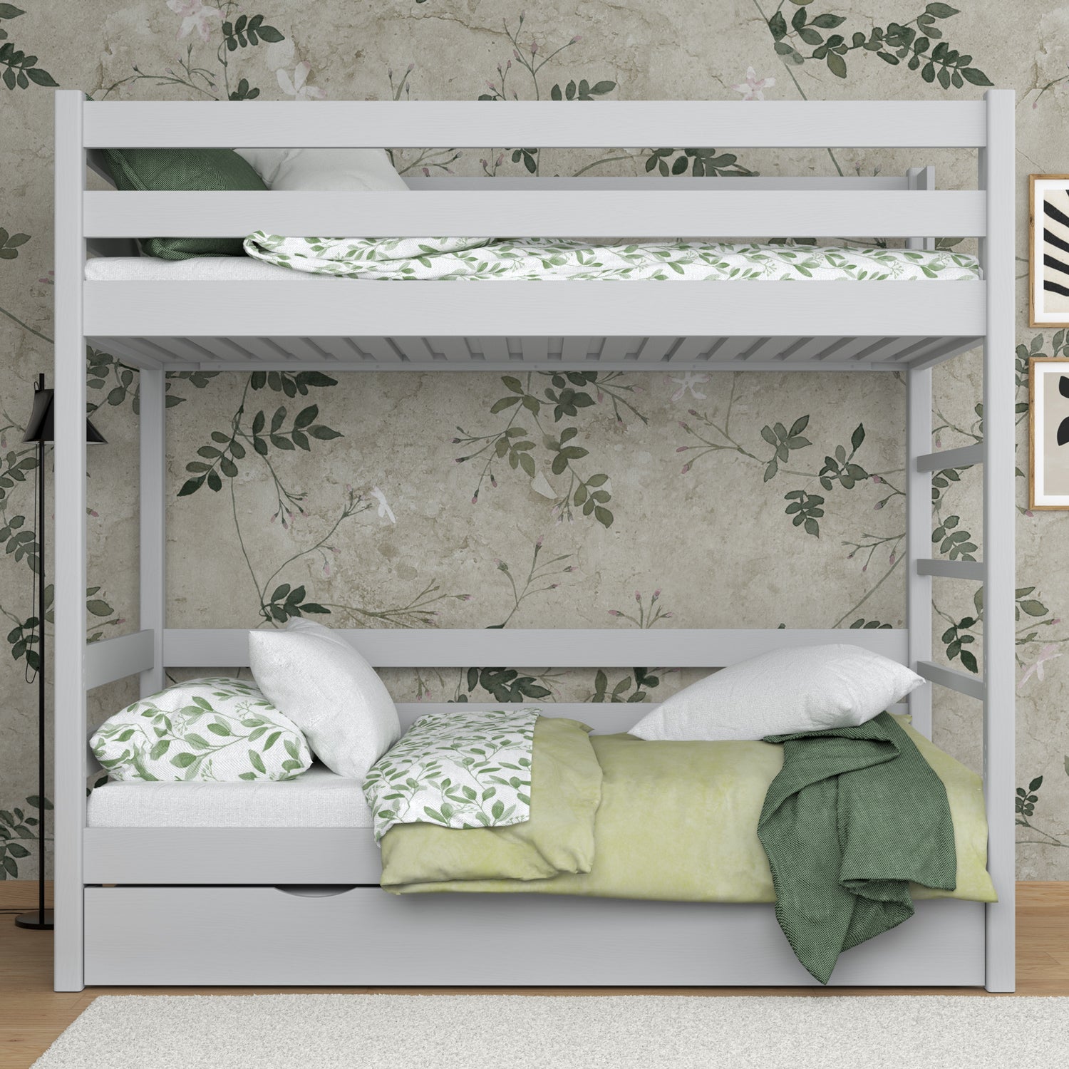 Lit superposé en bois gris – échelle, barrières, tiroir na dodatkowy matelas