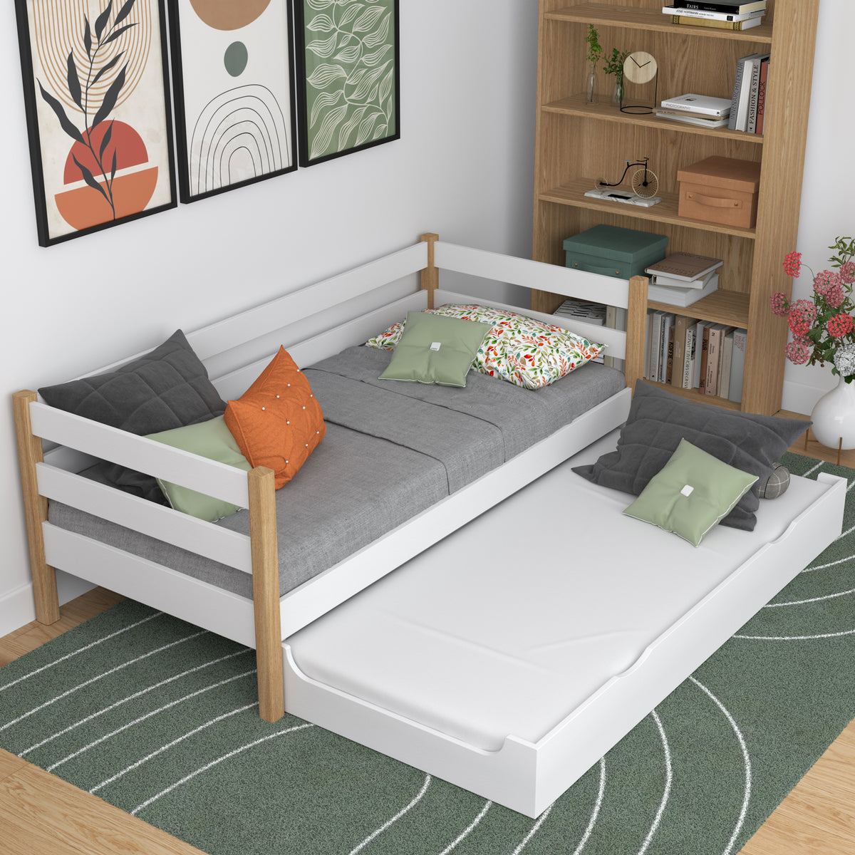 Łóżko sofa z szufladą na materac N01 biało dębowy – widok z boku, solidna konstrukcja drewniana