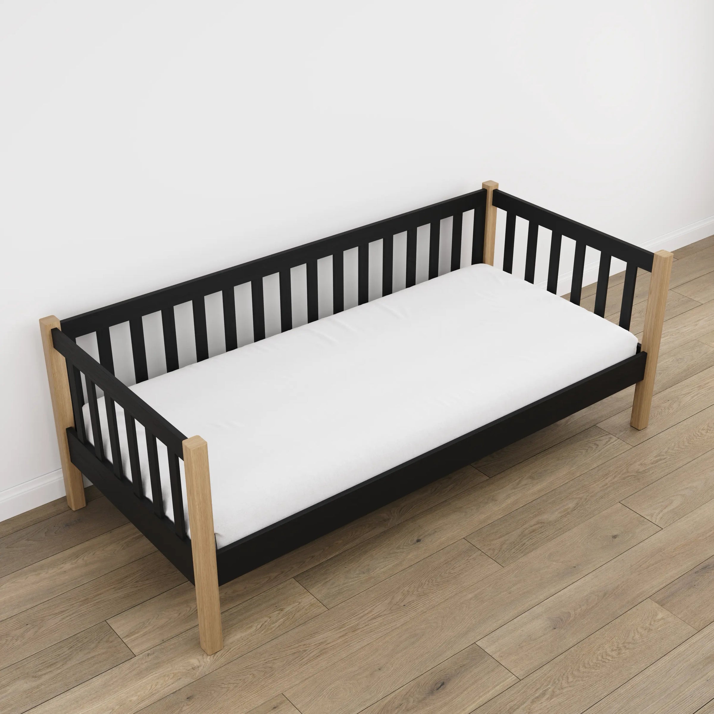 Sofa-lit noir avec chêne dans la chambre d'enfant – décoration scandinave, en bois